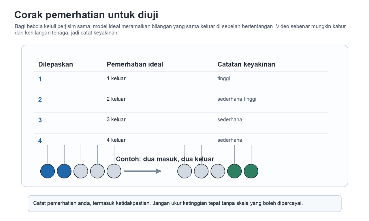 Panduan pemerhatian untuk merekod bebola yang dilepaskan, bebola keluar yang diperhatikan, keyakinan dan catatan bukti.