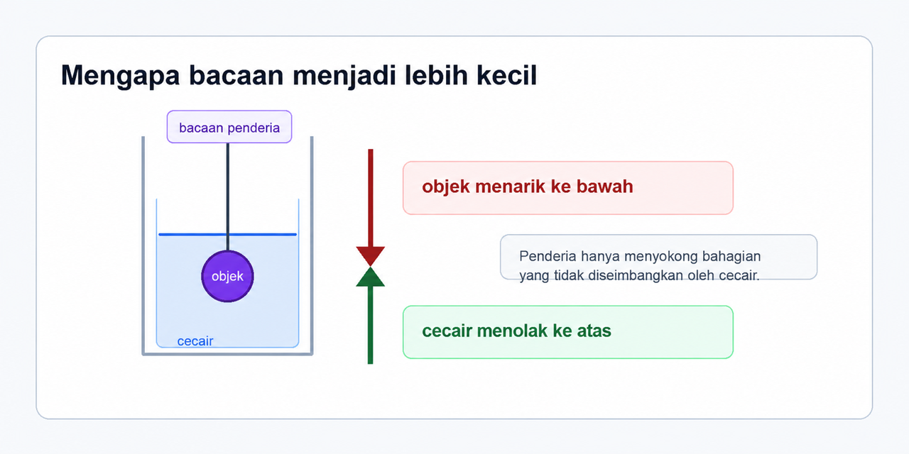 Rajah yang menunjukkan objek menarik ke bawah, cecair menolak ke atas dan bacaan penderia menjadi lebih kecil.