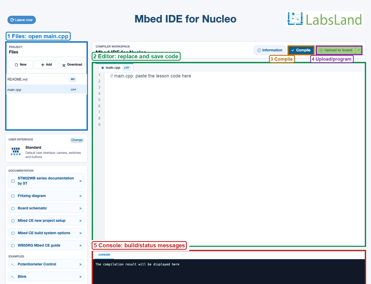 Annotated screenshot of the Mbed IDE for Nucleo showing the Files panel, editor, Compile button, Upload to board button, and console/status area.