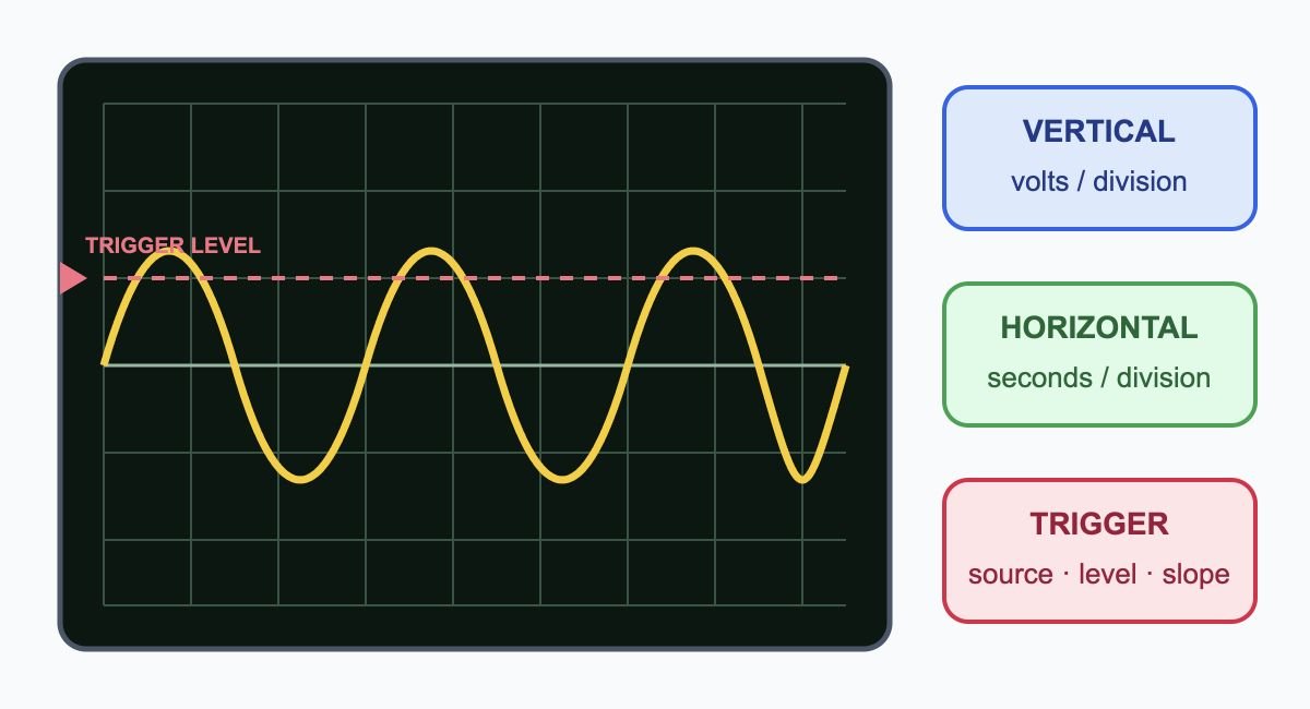 Oscilloscope graticule with sine trace and trigger-level line, beside labels for vertical volts per division, horizontal seconds per division, and trigger source, level, and slope.