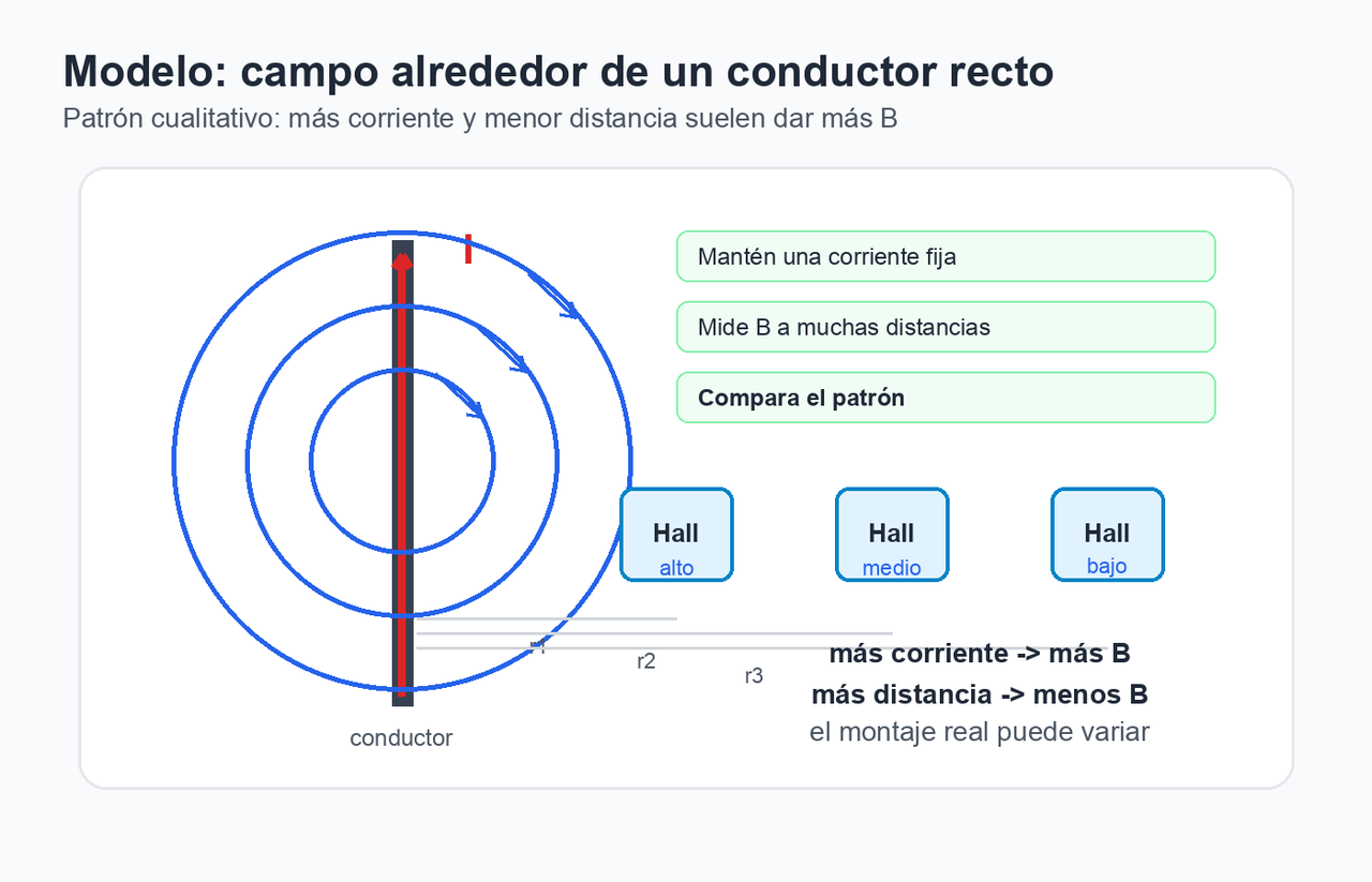 Diagrama didáctico de un conductor recto con corriente, líneas circulares de campo magnético y posiciones del sensor a distintas distancias.
