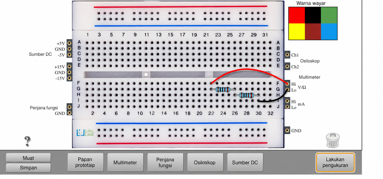 Tangkapan skrin Hive yang menunjukkan satu perintang 1 kiloohm secara siri, dua perintang 10 kiloohm secara selari dan multimeter yang disambungkan untuk mengukur rintangan.