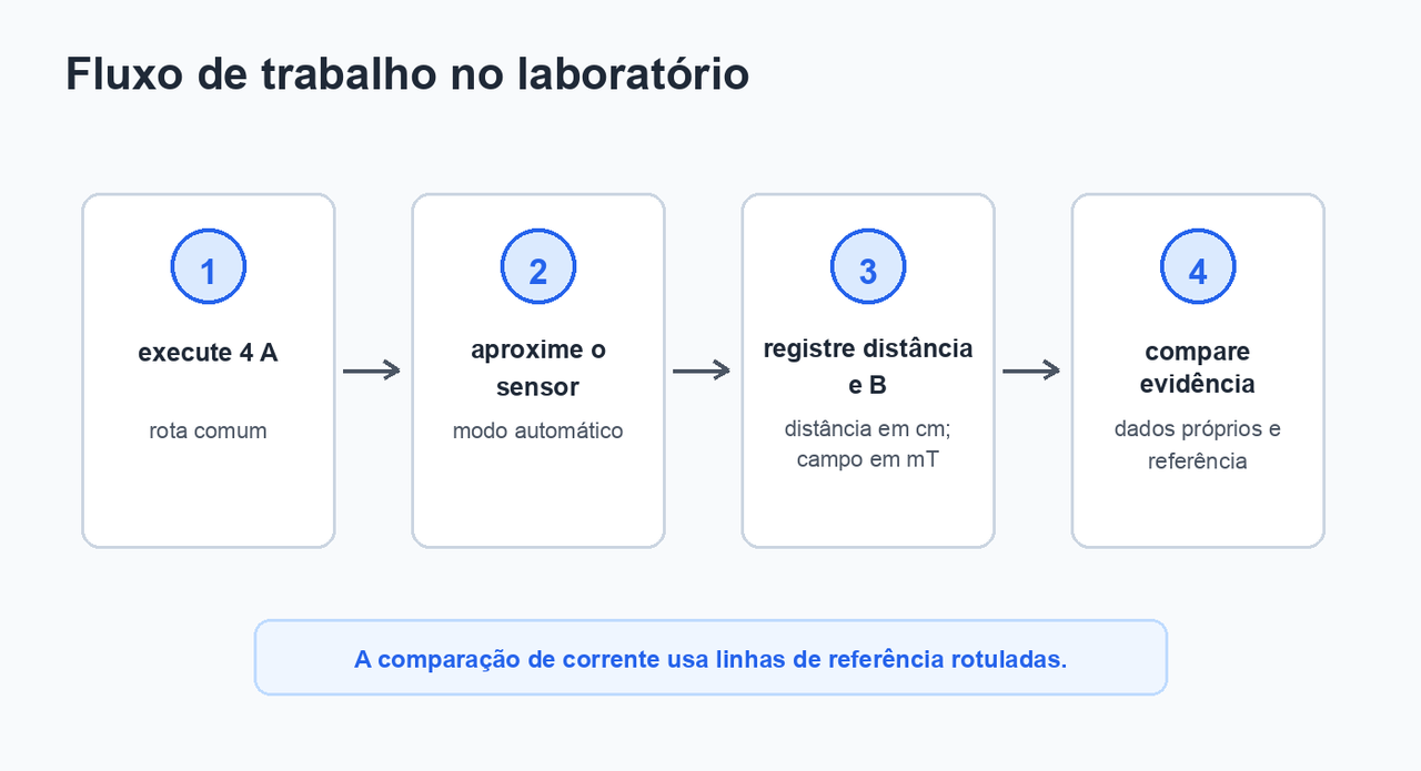 Fluxo de quatro passos: executar 4 A, observar a aproximação do sensor, registrar distância e campo magnético, e comparar com linhas de referência.
