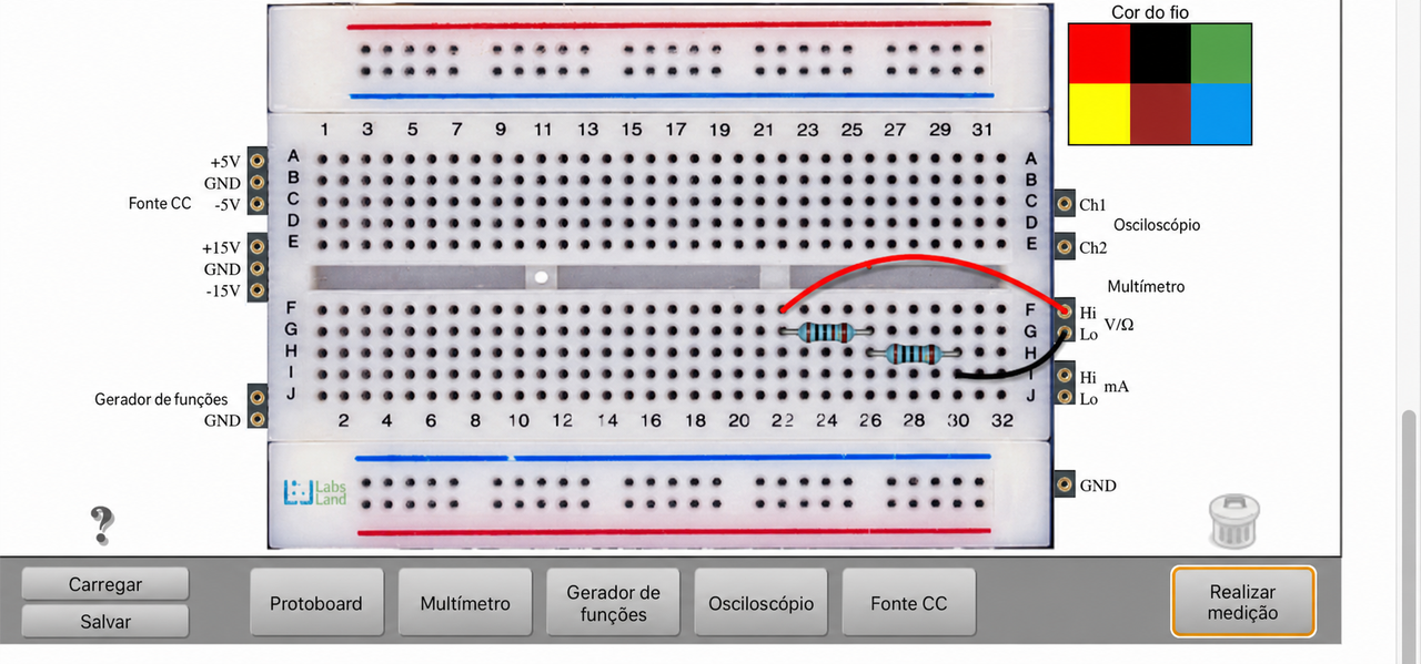 Captura do Hive com um resistor de 1 quilohm em série, dois resistores de 10 quilohms em paralelo e o multímetro conectado para medir a resistência.