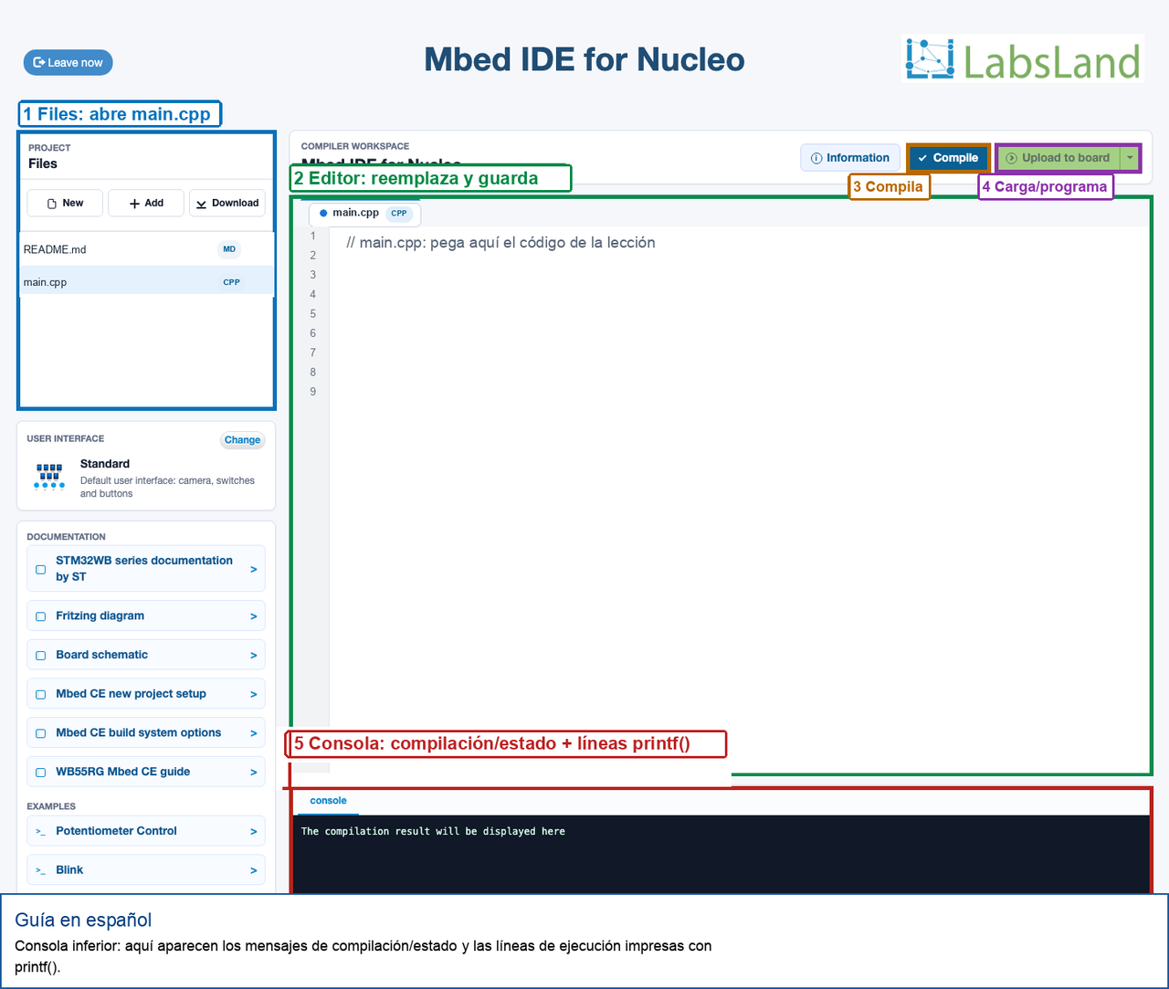 Captura anotada del IDE Mbed para Nucleo que muestra la zona inferior de consola usada para mensajes de compilación/estado y líneas de ejecución de printf.