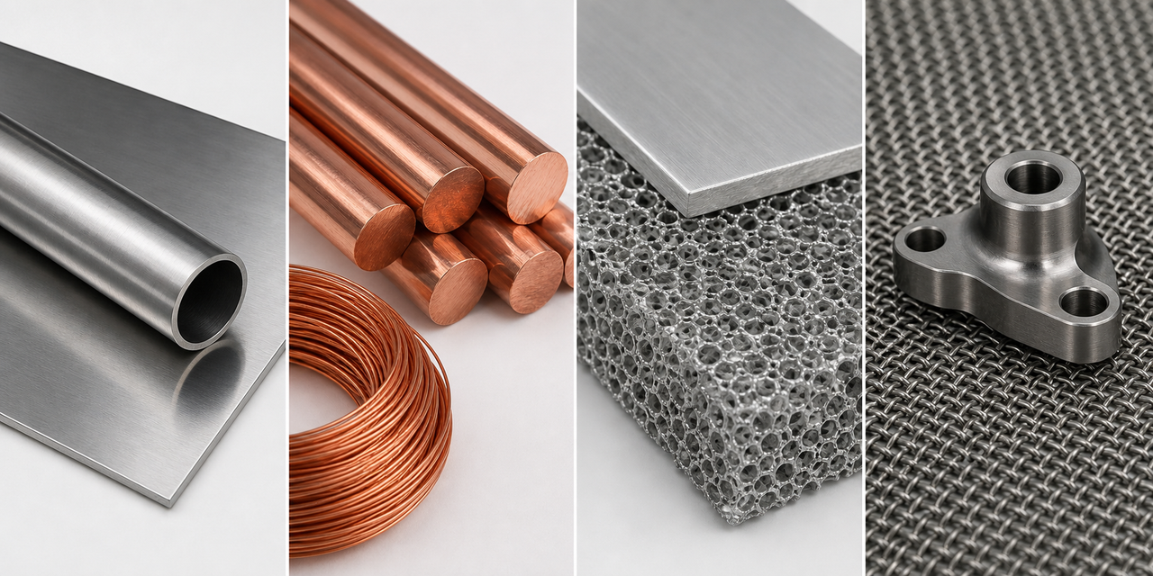 Comparação visual sem texto entre aço, cobre, alumínio e titânio em quatro painéis.