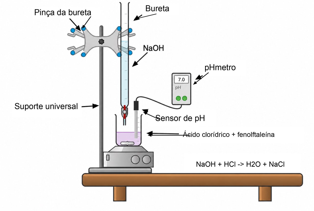 Diagrama da montagem da titulação: uma bureta com hidróxido de sódio sobre um béquer com ácido clorídrico e fenolftaleína, um sensor de pH e um pHmetro, sobre um agitador magnético.