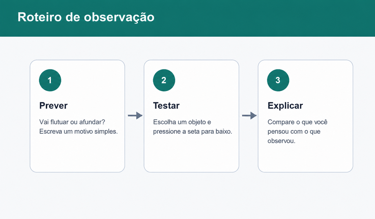 Roteiro de três etapas para estudantes do Ensino Fundamental: prever, testar no laboratório e explicar a observação.