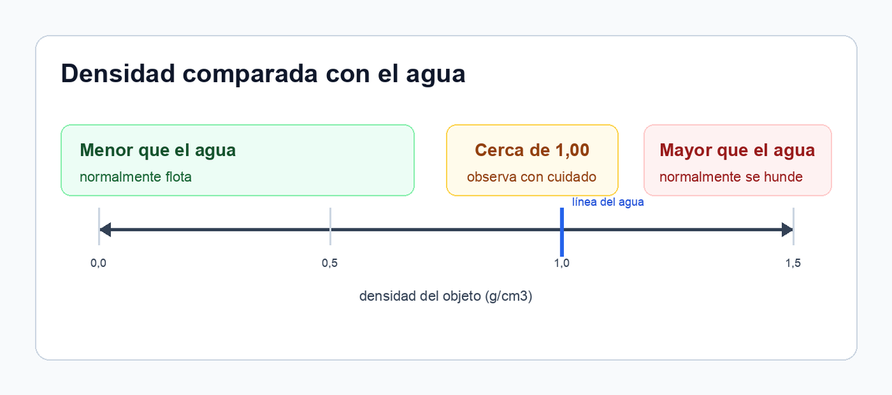 Diagrama que muestra cómo la densidad del objeto por debajo, cerca o por encima de la densidad del agua se relaciona con la predicción de flotación.
