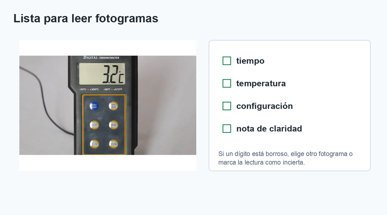 Un fotograma de referencia del termómetro con una lista de comprobación para tiempo, temperatura, configuración y nota de claridad.