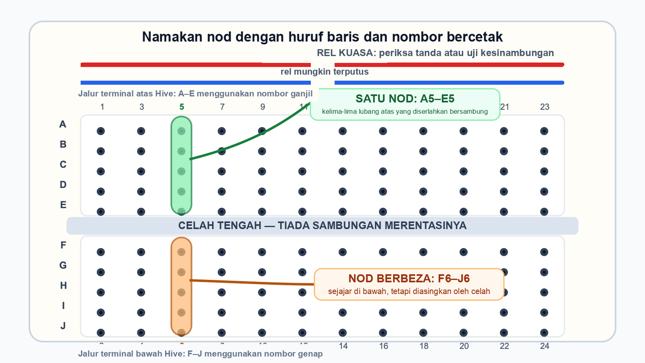 Peta tepat papan uji Hive yang menunjukkan A5 hingga E5 sebagai satu nod atas yang bersambung, F6 hingga J6 sebagai nod bawah yang berasingan, celah tengah yang mengasingkan kedua-duanya dan rel kuasa yang mungkin terputus di tengah.