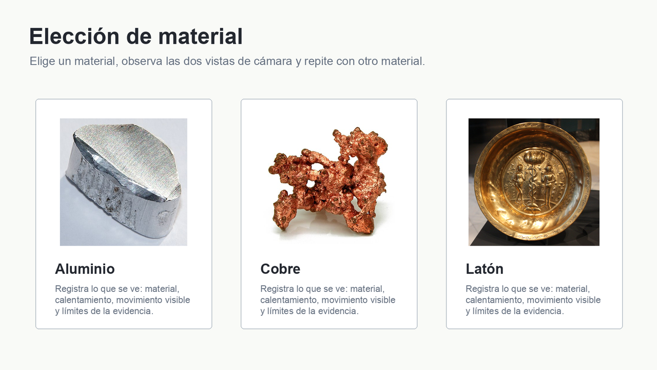 Tres tarjetas muestran aluminio, cobre y latón como materiales disponibles.