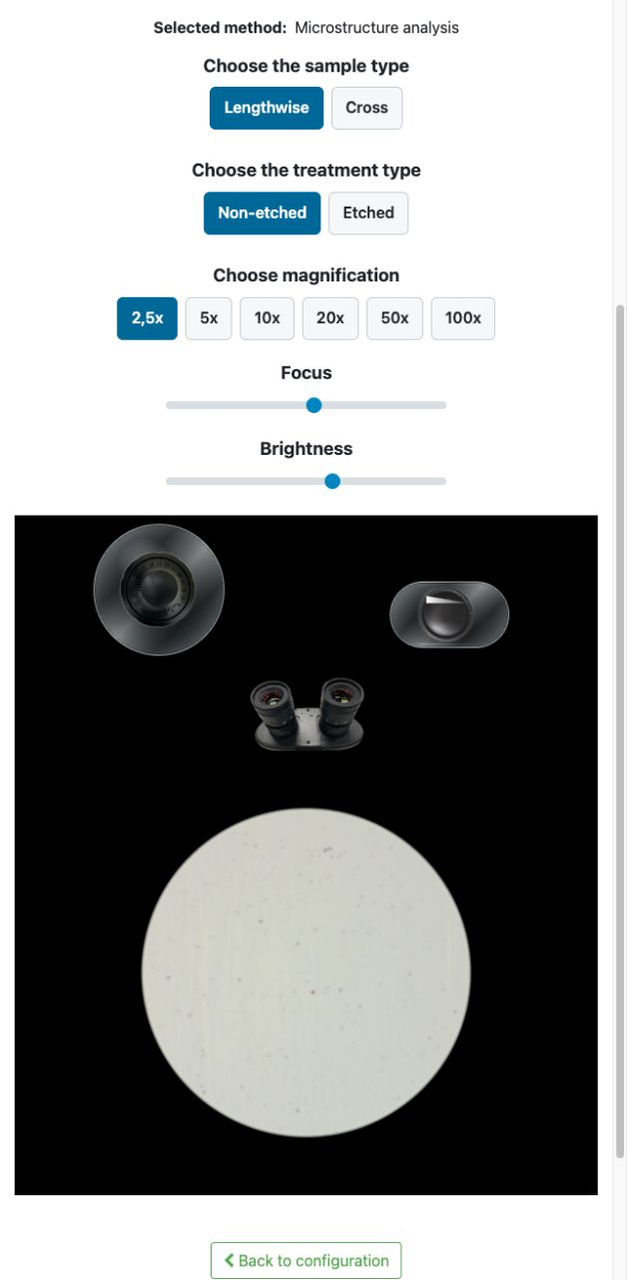 Materials microstructure observation screen with sample type, etched or non-etched treatment, magnification, focus, brightness, and microscope view.