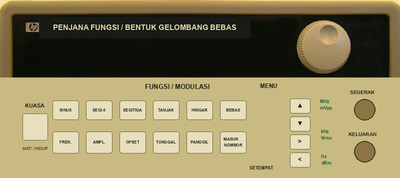 Panel hadapan penjana fungsi dengan paparan frekuensi, kawalan bentuk gelombang, pad kekunci angka, tombol pelarasan dan penyambung keluaran isyarat yang dilabel dalam bahasa Melayu.