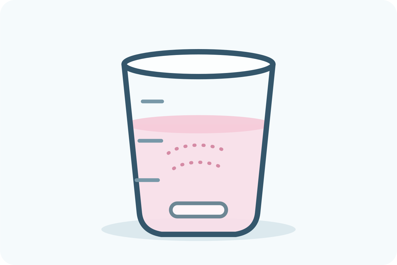 Ilustración del mismo vaso de laboratorio con líquido rosa pálido y una pastilla agitadora.