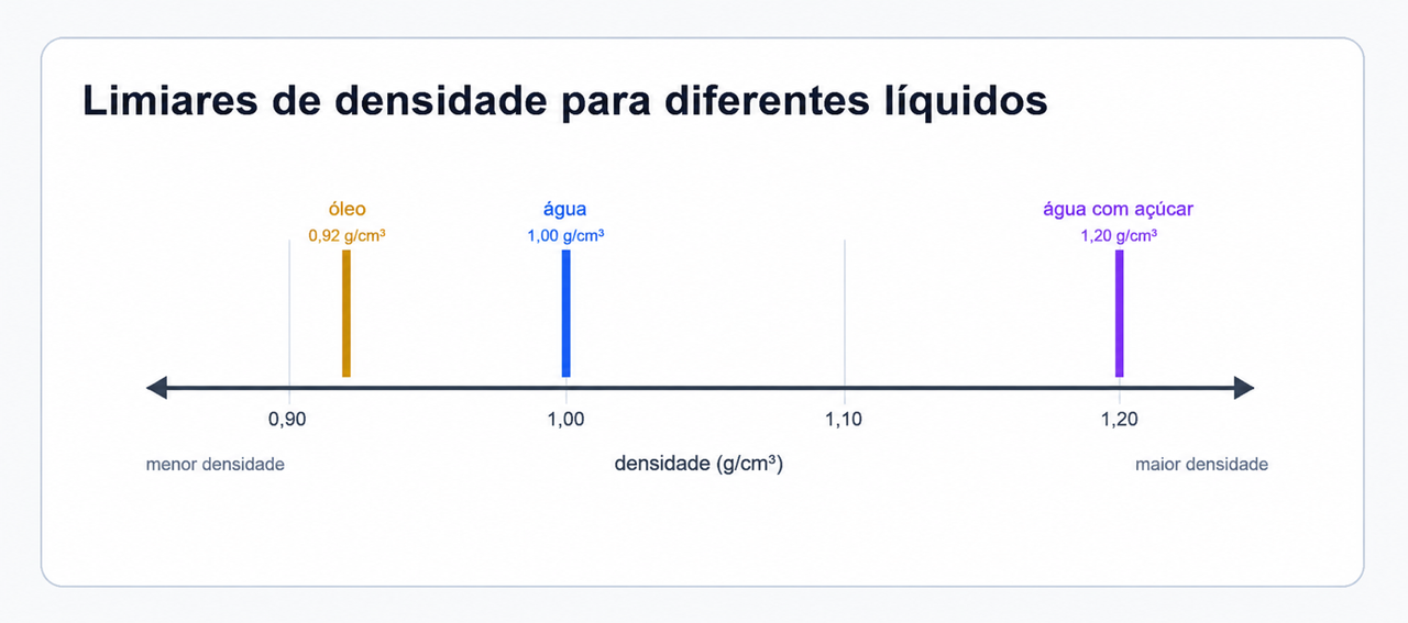 Diagrama de um eixo de densidade que marca os limites do óleo, da água e da água com açúcar.