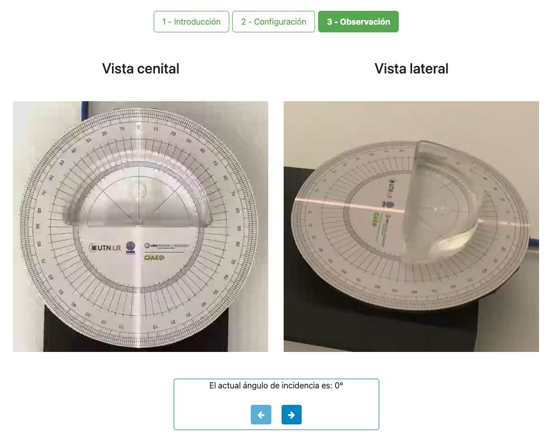 Pantalla de Observación real del laboratorio Ley de Snell. Arriba hay tres pestañas: 1 Introducción, 2 Configuración, 3 Observación (Observación seleccionada). Debajo hay dos vídeos del mismo montaje, etiquetados Vista cenital y Vista lateral, con una celda semicircular de agua sobre un transportador impreso y un rayo láser rojo recto. Abajo, un recuadro indica el ángulo de incidencia actual de 0 grados con un botón de flecha izquierda y otro de flecha derecha.