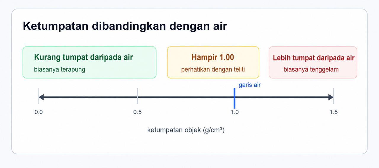 Rajah yang menghubungkan ketumpatan objek di bawah, berhampiran atau melebihi ketumpatan air dengan ramalan sama ada objek terapung.
