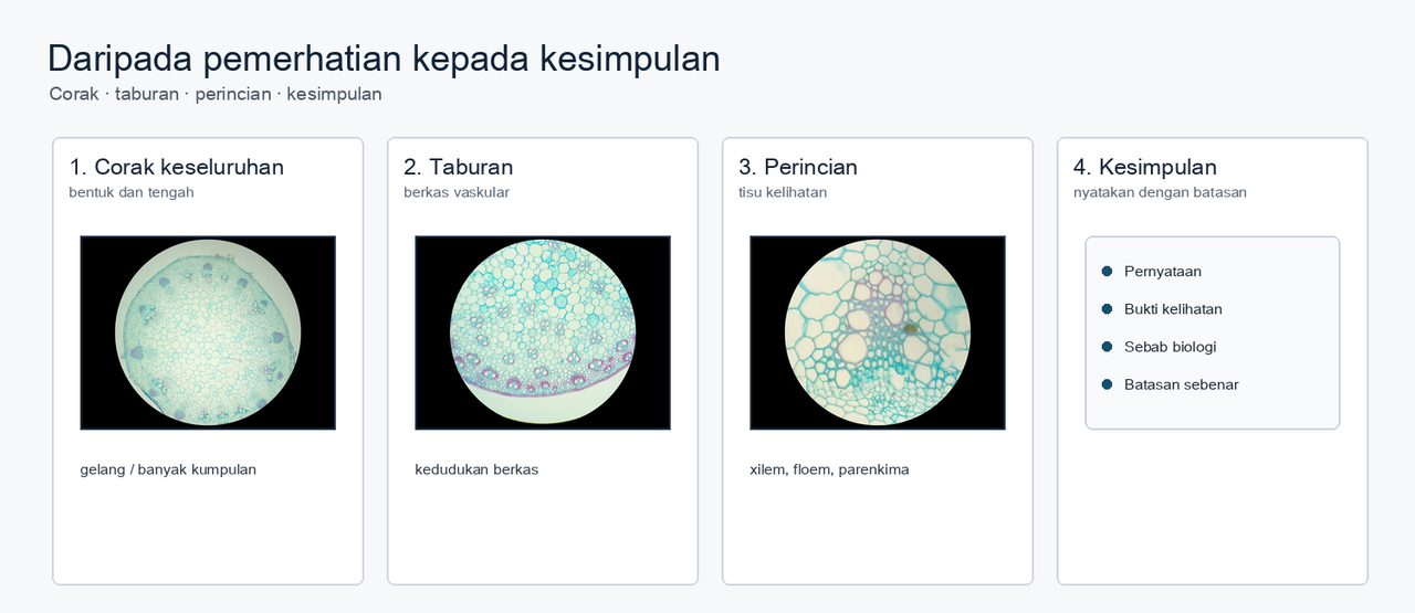 Urutan penaakulan visual: perhatikan corak keseluruhan, taburan berkas, perincian tisu, dan bina kesimpulan dengan bukti dan satu batasan.
