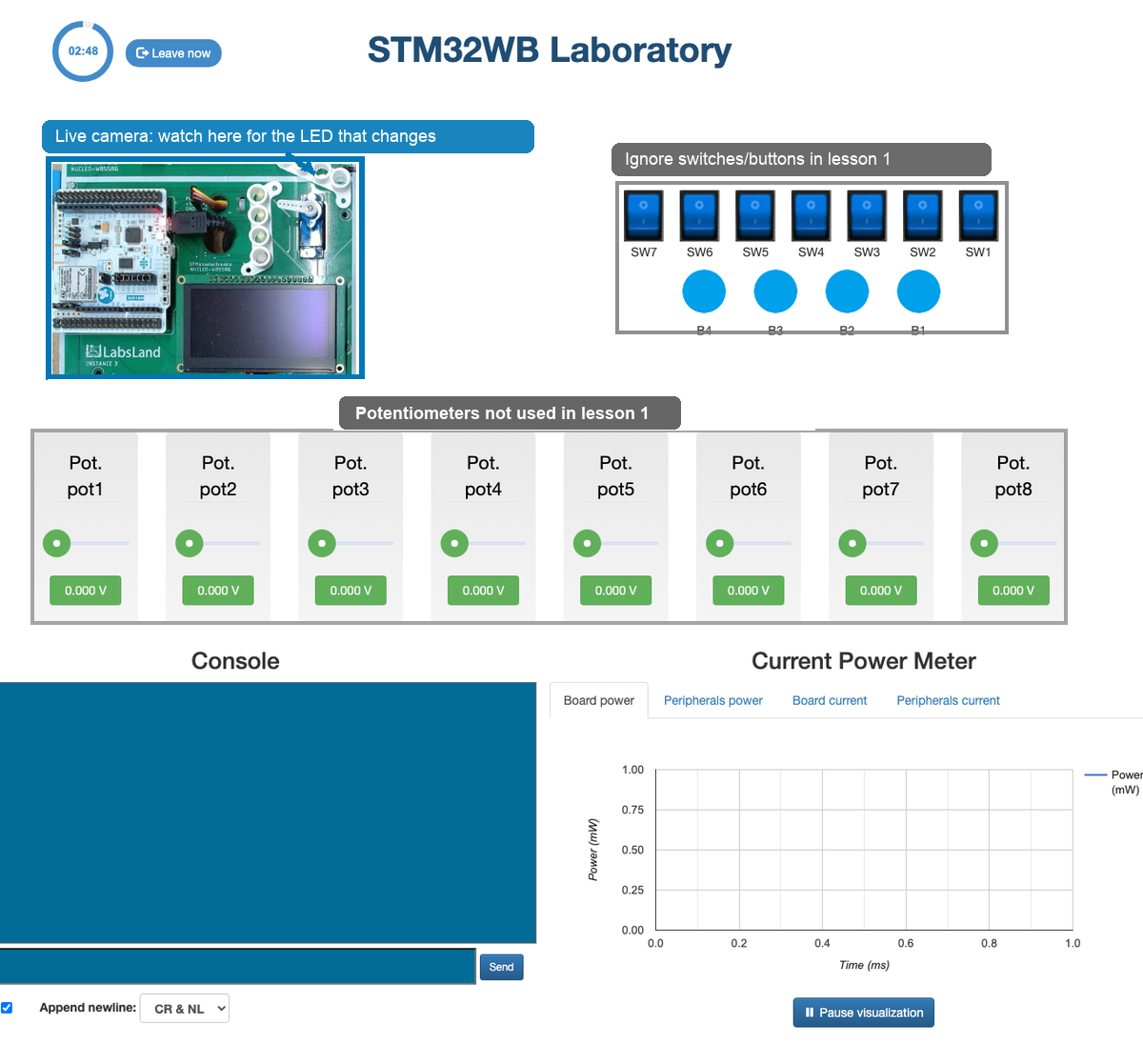 Annotated screenshot of the STM32WB remote lab showing the live camera area to watch, switches and buttons to ignore, potentiometers to ignore, console, and power meter.