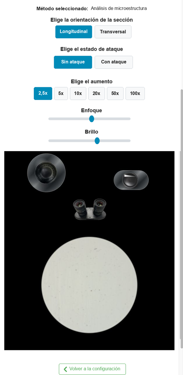 Guía visual en español de la pantalla de observación de microestructura de Materials, con orientación de la sección, estado con o sin ataque, aumento, enfoque, brillo y vista del microscopio.