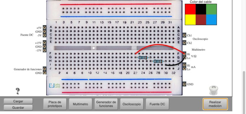 Captura de Hive con una resistencia de 1 kiloohmio en serie, dos resistencias de 10 kiloohmios en paralelo y el multímetro conectado para medir resistencia.