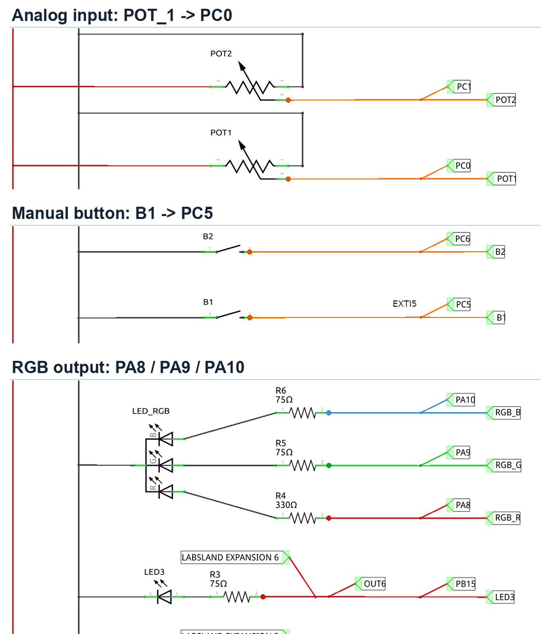 Detail of the STM32 Nucleo WB55RG schematic for the challenge: POT1 on PC0, B1 on PC5, and RGB on PA8, PA9, and PA10.