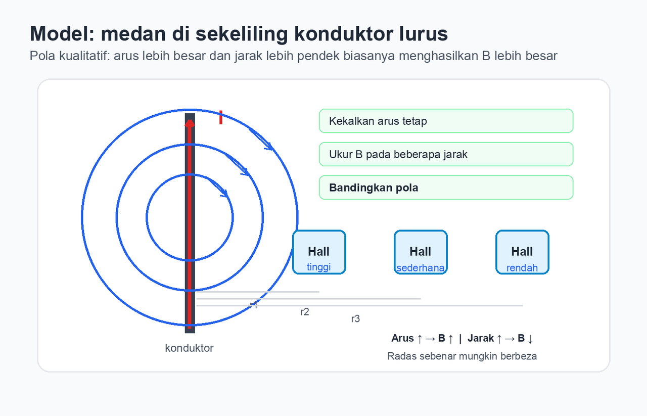 Rajah pengajaran bagi konduktor lurus yang membawa arus, dengan garis medan magnet berbentuk bulatan dan kedudukan sensor Hall pada jarak yang berbeza.