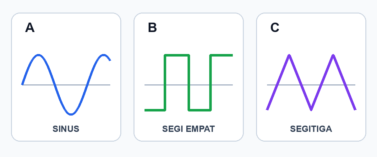Tiga panel berlabel A, B dan C menunjukkan bentuk gelombang voltan sinus, segi empat dan segi tiga dengan tempoh yang sama.