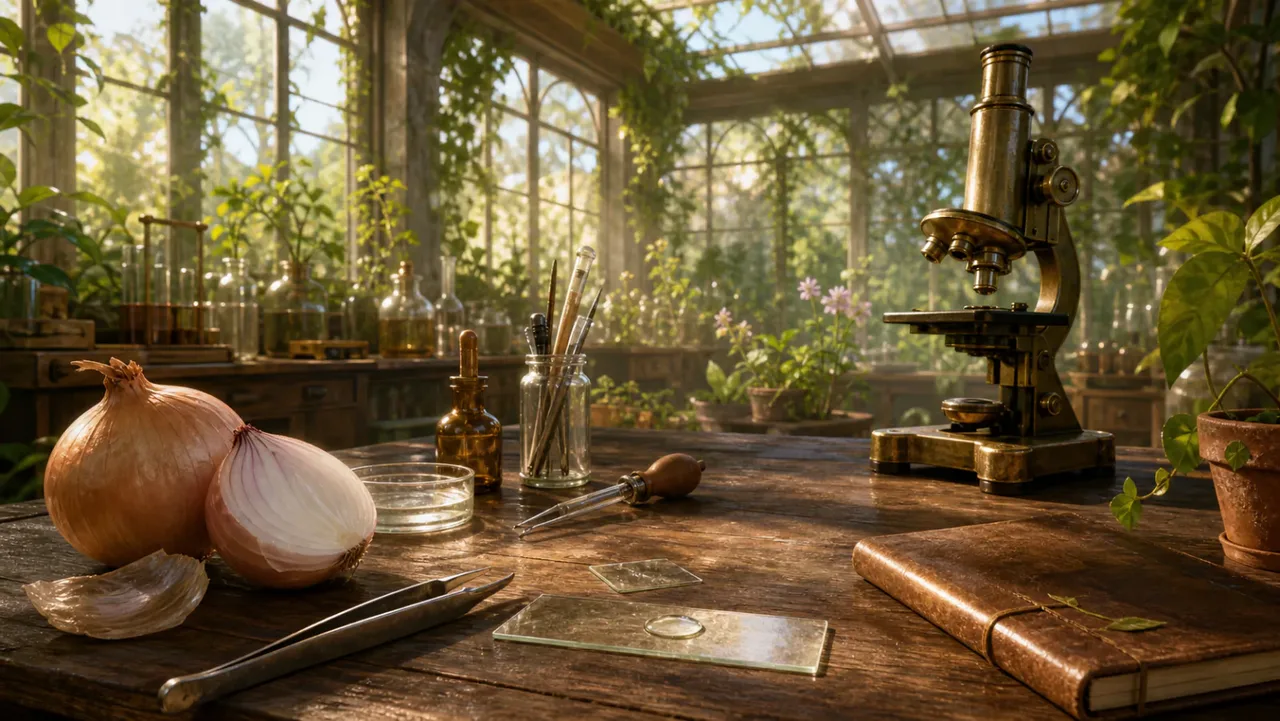 A microscopy bench in a sunlit greenhouse, with an onion, preparation objects, a notebook, and a microscope among plants.