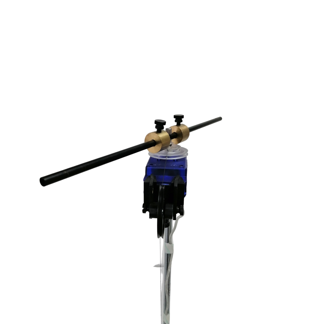 Photograph of the real Moment of Inertia apparatus with two brass point masses mounted close to the central rotation axis on a black bar.