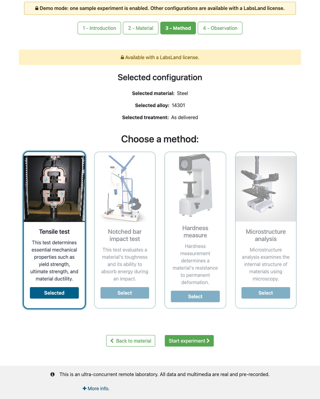 Illustrative reference screenshot from an older Materials test-selection interface showing the older identifier 14301 in a Steel / 14301 / As delivered / Tensile test configuration; it does not confirm that this route is currently available.
