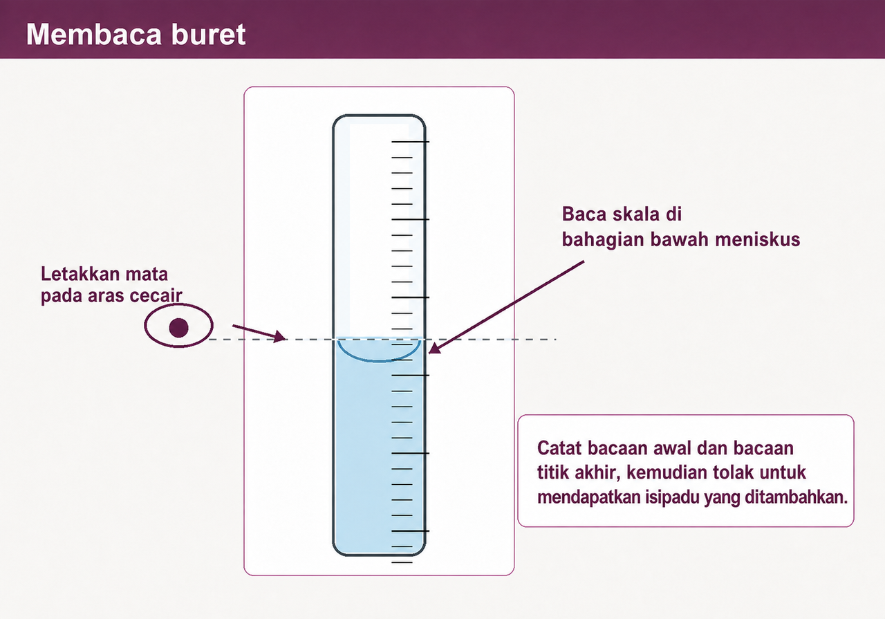 Panduan visual untuk membaca buret: pastikan mata sama aras dengan cecair dan baca skala pada bahagian bawah meniskus melengkung. Ambil satu bacaan sebelum bermula dan satu lagi pada titik akhir.