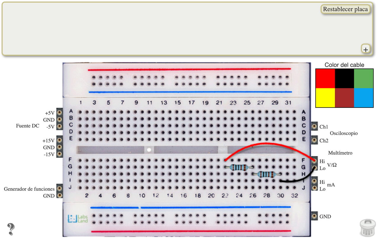 Hive breadboard showing odd-numbered upper holes, even-numbered lower holes, two resistors, and the red and black DMM wires.