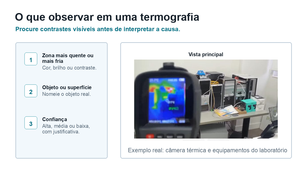 Guia visual com três focos de observação: zona mais quente ou mais fria, objeto ou superfície real e nível de confiança.