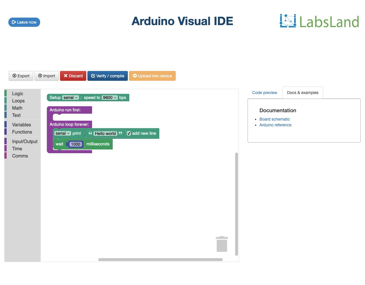 The Arduino lab's visual editor in English: on the left the block categories Logic, Loops, Math, Text, Variables, Functions, Input/Output, Time, and Comms; in the centre the Arduino run first and Arduino loop forever blocks; at the top the Verify / compile and Upload into device buttons.