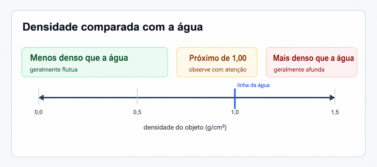 Diagrama que relaciona densidades do objeto abaixo, próximas ou acima da densidade da água com uma previsão de flutuação.