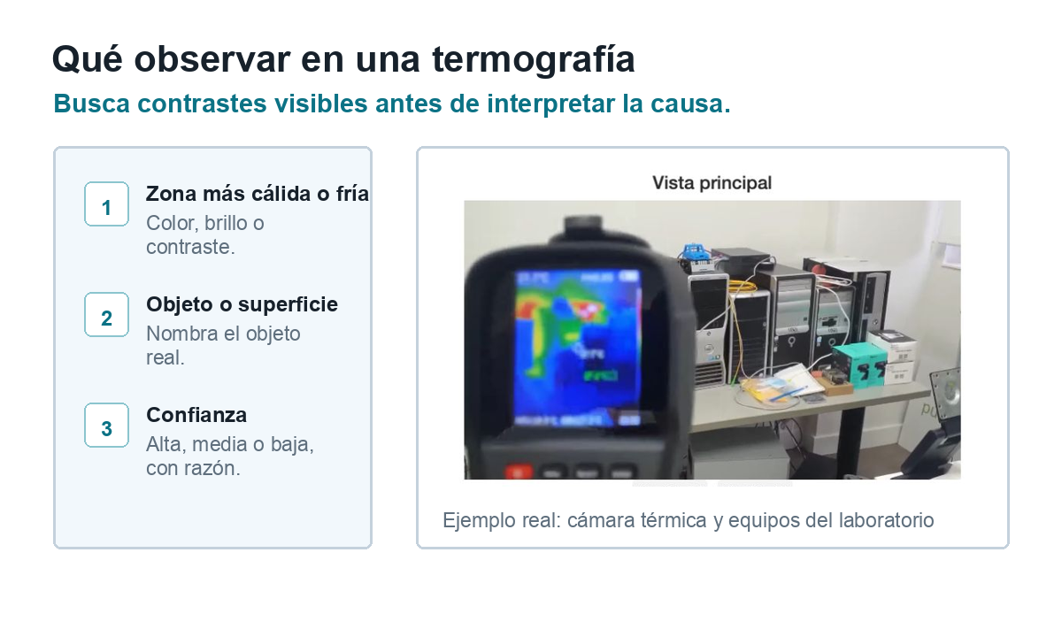 Guía visual con tres focos de observación: zona más cálida o fría, objeto o superficie real, y nivel de confianza.