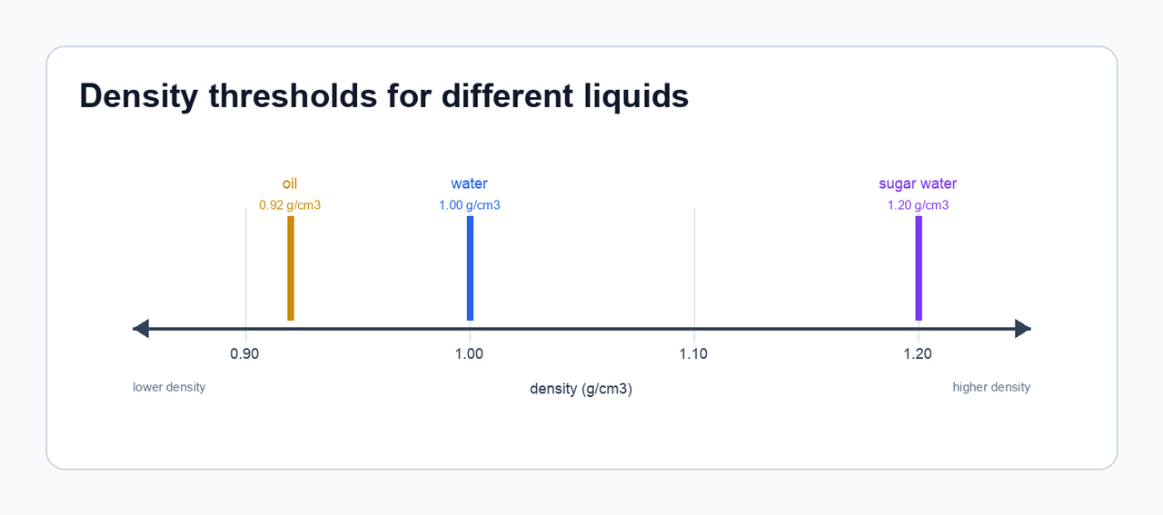 Density-axis diagram marking the oil, water, and sugar-water liquid thresholds.