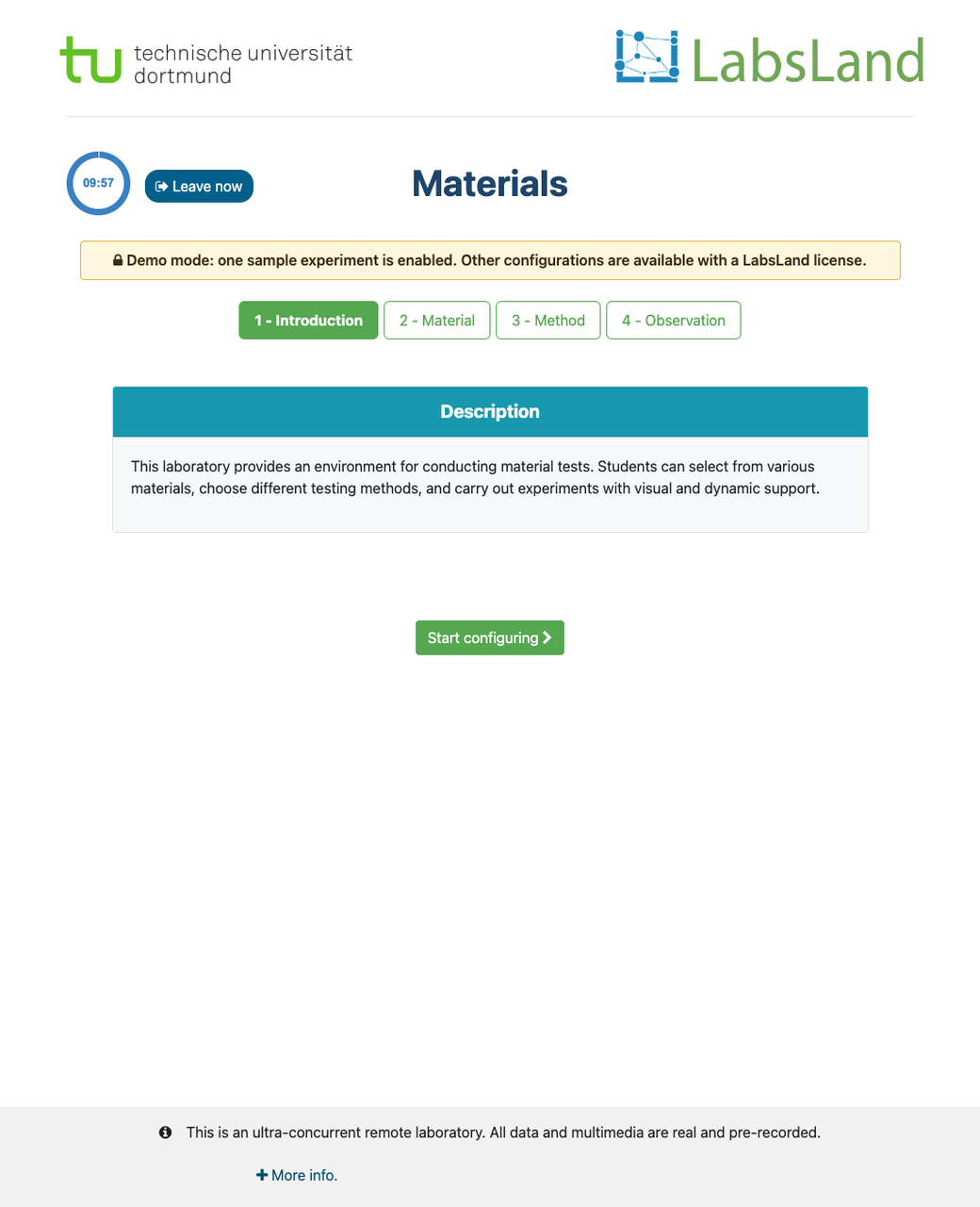 Illustrative reference screenshot of the Materials introduction screen with navigation and the Start configuring button; it does not confirm which options are available in the current session.