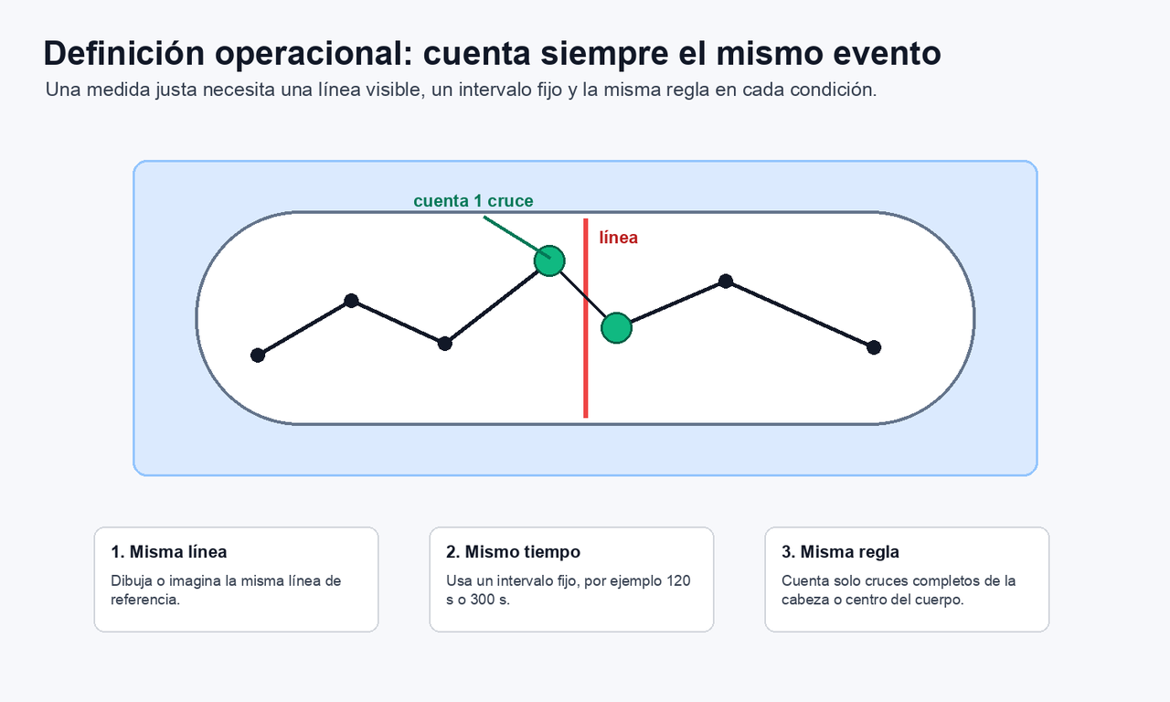 Diagrama que muestra una planaria cruzando una línea de referencia y tres condiciones de medida justa: misma línea, mismo tiempo y misma regla.