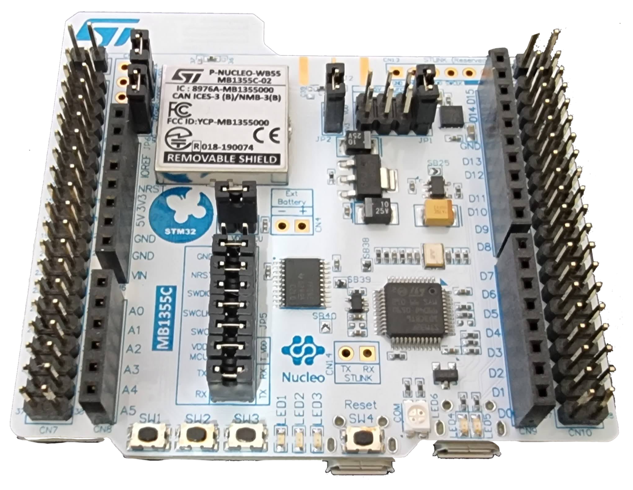 Reference photo of the STM32 Nucleo WB55RG board, without the external components of the remote setup.