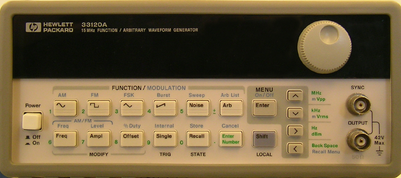 Front panel of the Hive function generator with frequency display, waveform controls, numeric keypad, adjustment knob, and signal output connector.