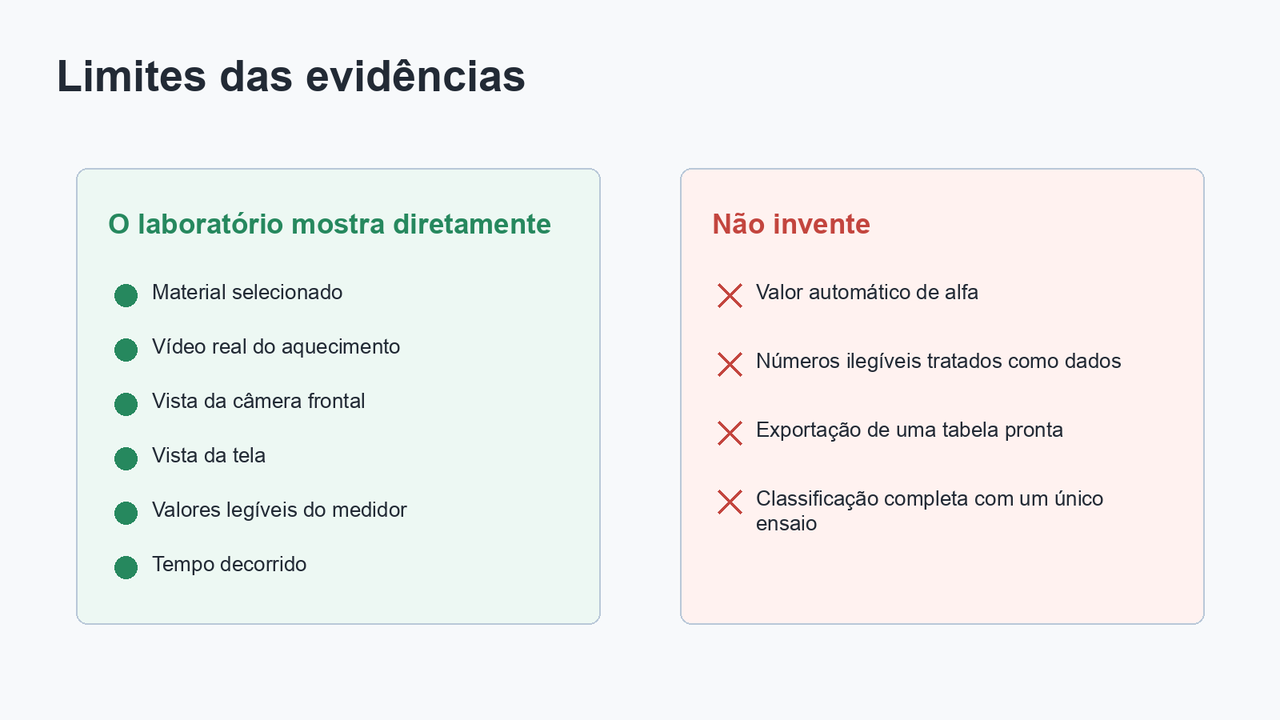 Guia em duas colunas que lista o que o laboratório mostra diretamente e o que os estudantes não devem inventar.