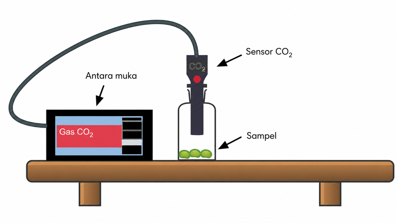 Rajah makmal jauh Respirasi Sel dengan benih di dalam kebuk tertutup, sensor gas CO₂ dan antara muka pemerolehan data.