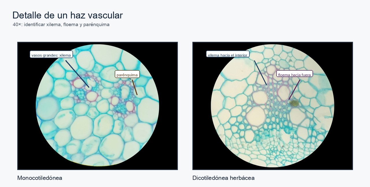 Dos micrografías reales a 40x con etiquetas de búsqueda para xilema, floema y parénquima en tallos monocotiledóneo y dicotiledóneo.