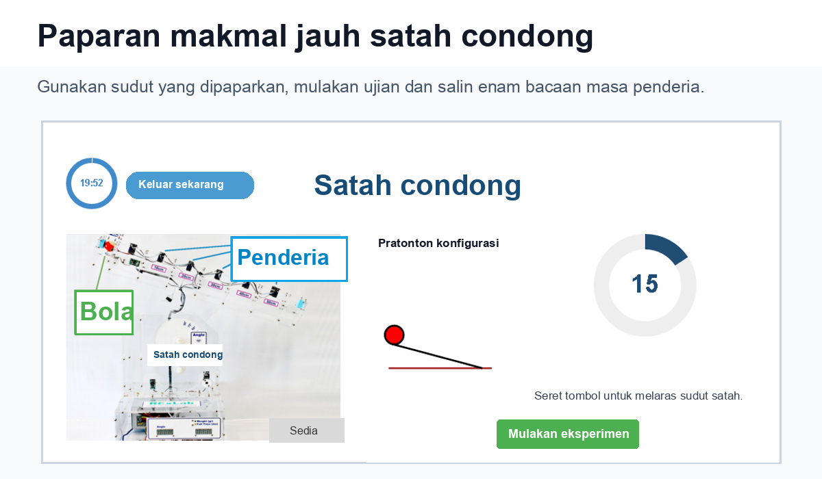 Paparan makmal jauh Satah Condong yang menunjukkan bola, label penderia dan kawalan sudut.