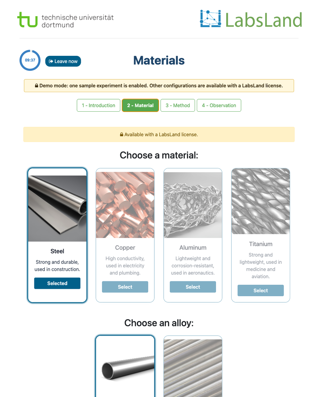 Illustrative reference screenshot of the Materials selection screen showing material cards and the beginning of the alloy section; the displayed cards and options do not confirm current-session availability.
