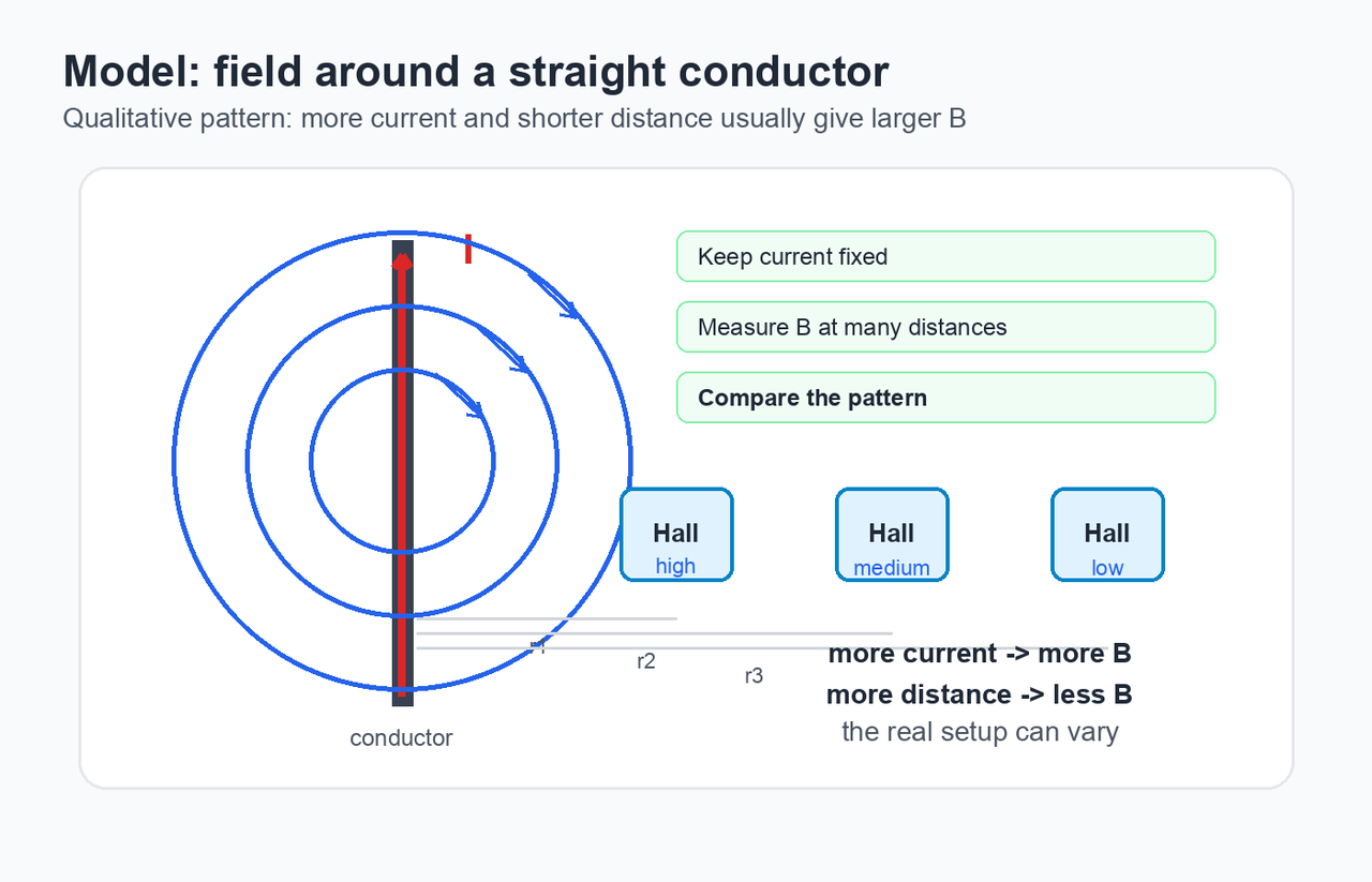 Teaching diagram of a straight current-carrying conductor with circular magnetic-field lines and Hall sensor positions at different distances.
