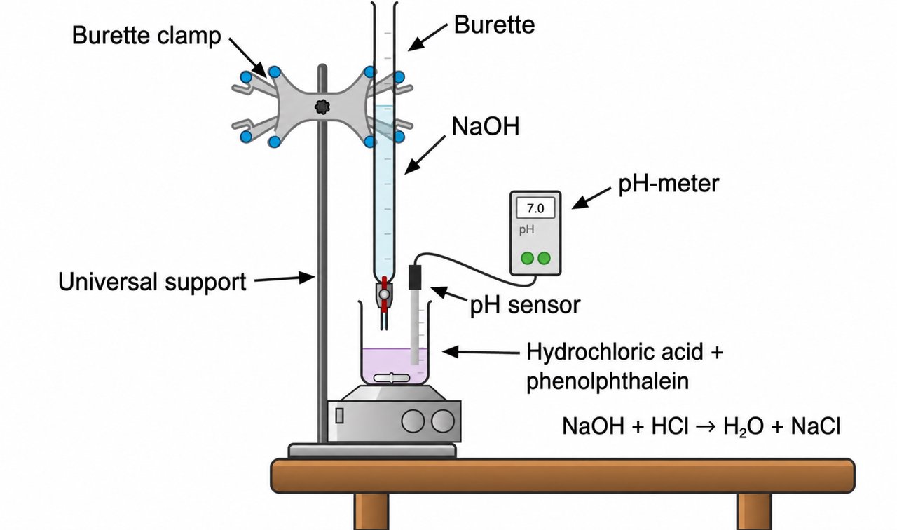 Diagram of the titration set-up: a burette of sodium hydroxide above a beaker of hydrochloric acid with phenolphthalein, a pH sensor and pH meter, on a magnetic stirrer.